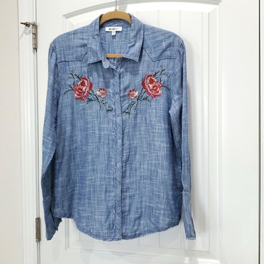 William Rast Womans Long Sleeve, Raw Edge Button-Up Embroidered Top Size Large